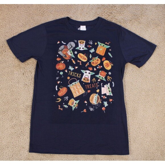 Star Wars The Mandalorian Halloween Collage Graphic Tee T-Shirt (YL) Navy - Picture 1 of 8